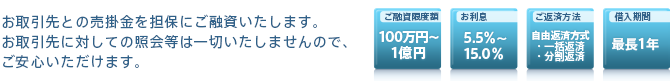 売掛金担保ローン｜お取引先との売掛金を担保にご融資いたします。お取引先に対しての照会等は一切いたしませんので、ご安心いただけます