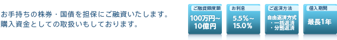 有価証券担保ローン｜お手持ちの株券・国債を担保にご融資いたします。購入資金としての取扱いもしております。