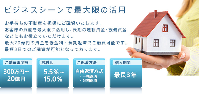 不動産担保ローン｜お手持ちの不動産を担保にご融資いたします。お客様の資産を最大限に活用し、長期の運転資金・設備資金などにもお役立ていただけます。最大20億円の資金を低金利・長期返済でご融資可能です。最短3日でのご融資が可能となっております。