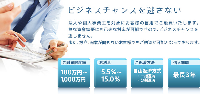 事業者ローン｜法人や個人事業主を対象にお客様の信用でご融資いたします。急な資金需要にも迅速な対応が可能ですので、ビジネスチャンスを逃しません。また、設立、開業が間もないお客様でもご融資が可能となっております。お申込み当日のご融資も可能です。