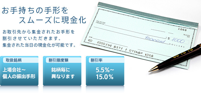 商業手形割引｜お手持ちの手形をスムーズに現金化。お取引先から集金された手形を割引させていただきます。集金された当日の現金化が可能です。